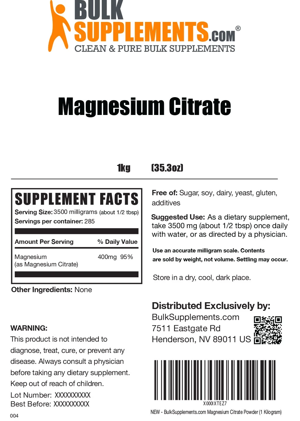 BulkSupplements.com Magnesium Citrate Powder, 3500mg - Magnesium Supplement - Laxative (1kg - 285 Servings)
