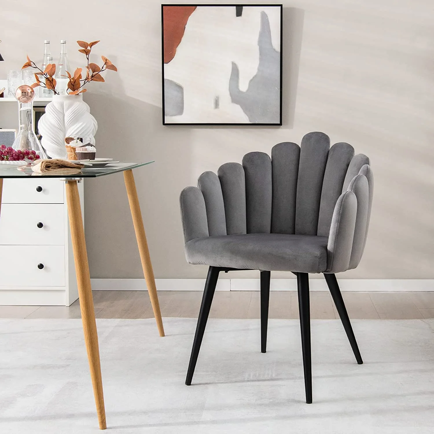 Modern Mid-Century Dining Chair - Cute Velvet Vanity Chair with 16” High Back, 330lb Capacity, Accent Upholstered Arm Dining Chairs for Dining Room, Bedroom, Living Room, Small Space, Gray