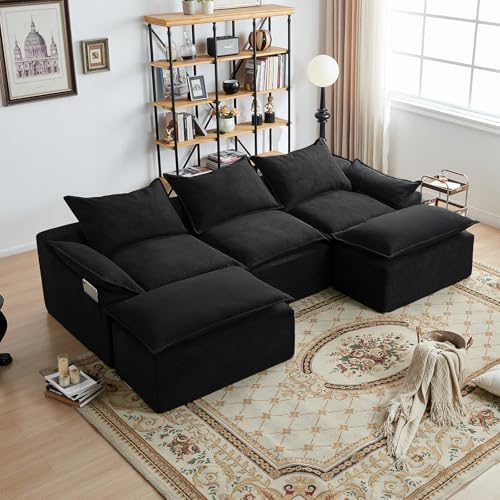 Vamcheer U Shaped Cloud Couch, Utra Soft Sectional Couch with 2 Movable Chaise, Deep Seat Modular Sofa for Living Room, Bedroom, Office, No Assembly Required, Black