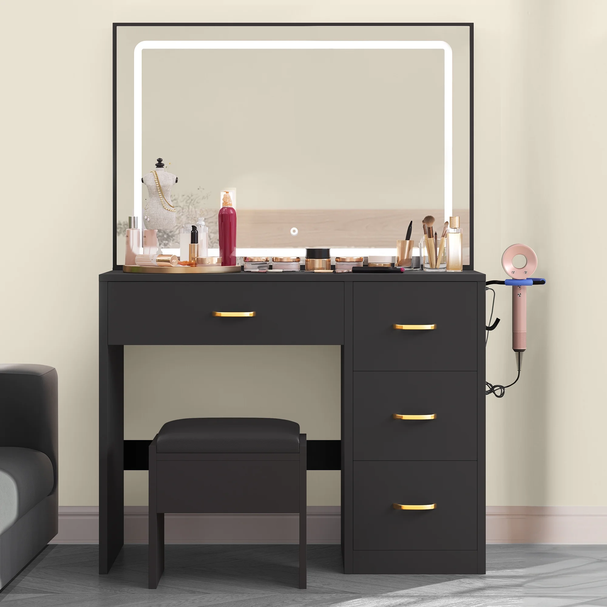 Dextrus Charcoal Black Makeup Vanity Table with Large Mirror and LED Lights - Stylish and Functional for Women Girls, Charcoal Black