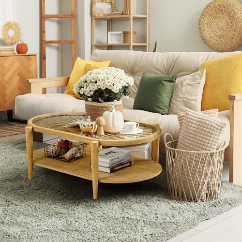 RUSTOWN Rattan Coffee Tables,2-Tier Round Boho Cocktail Tables, Mid Century Modern Coffee Table with Rattan & Tempered Glass Top and Wood Legs, Sofa Table for Living Room(Natural)
