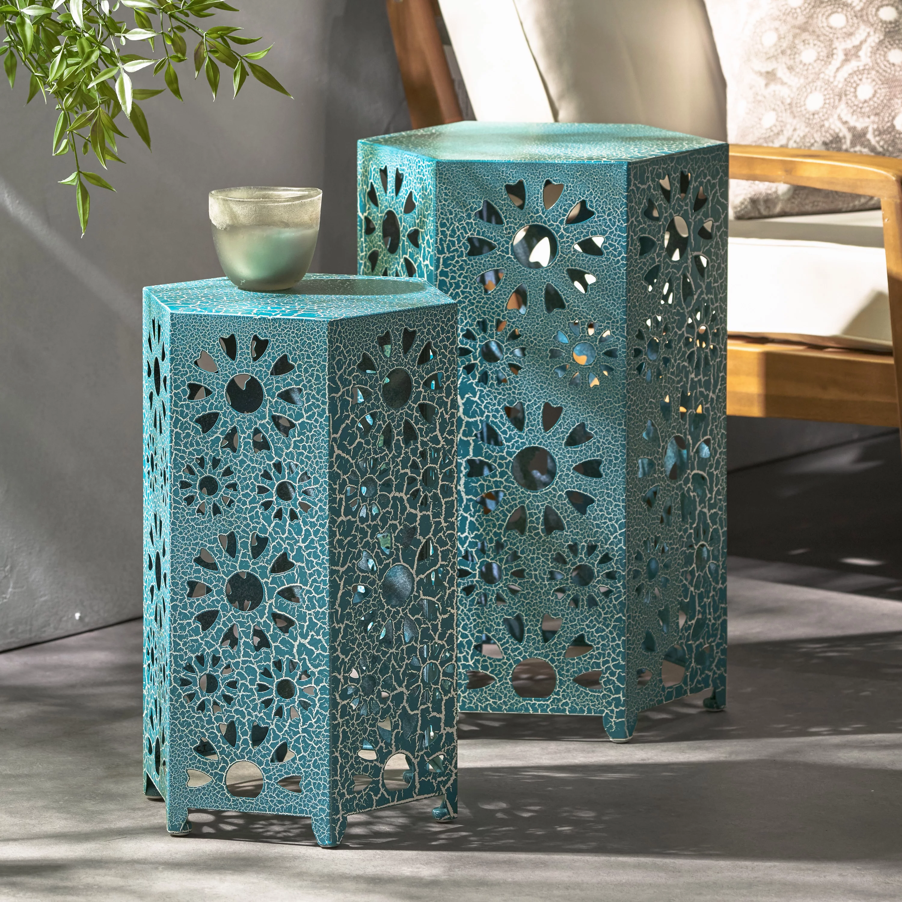 Marshall Outdoor 12 Inch and 14 Inch Sunburst Iron Side Table Set, Crackle Teal