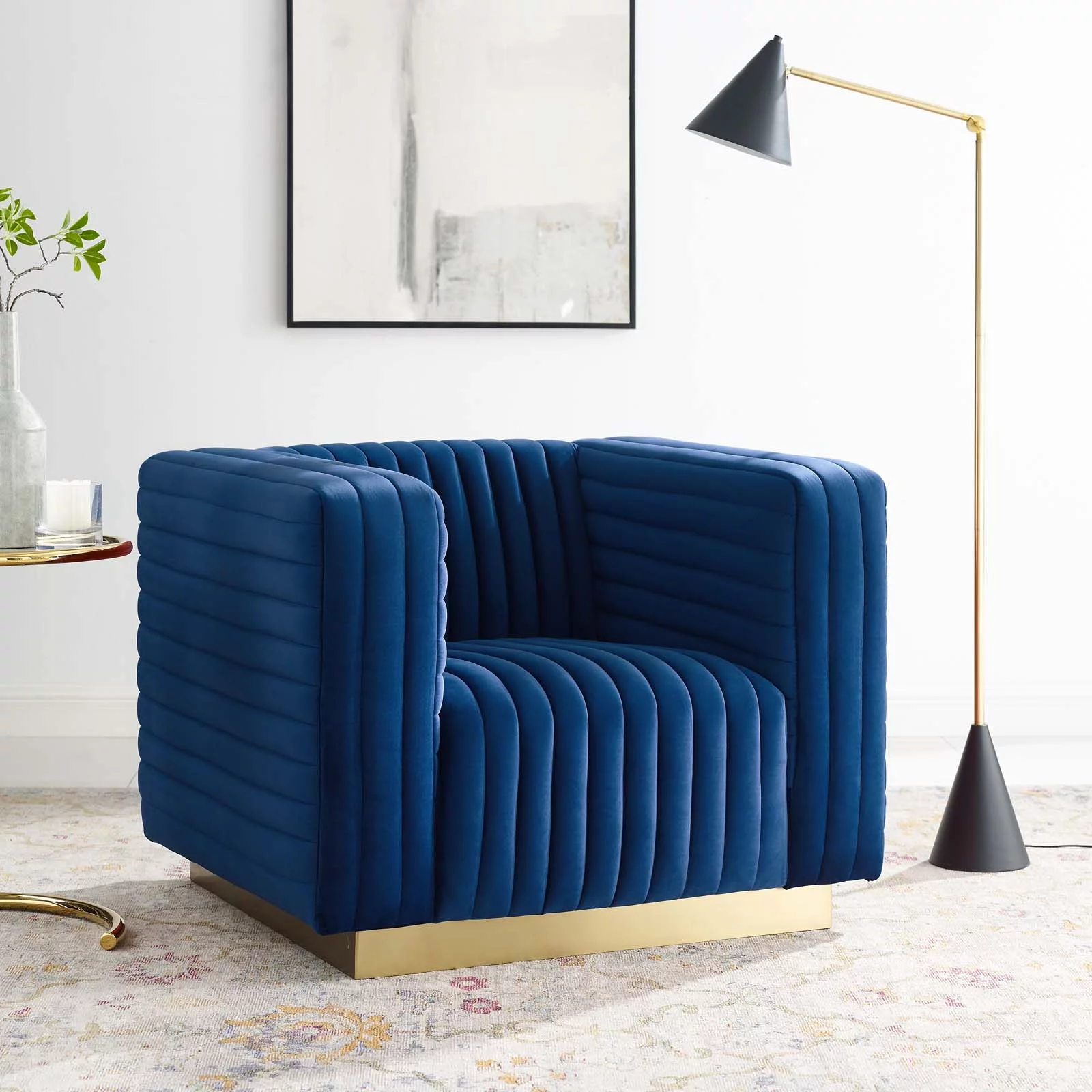 Modway Charisma Channel Tufted Performance Velvet Accent Armchair in Navy