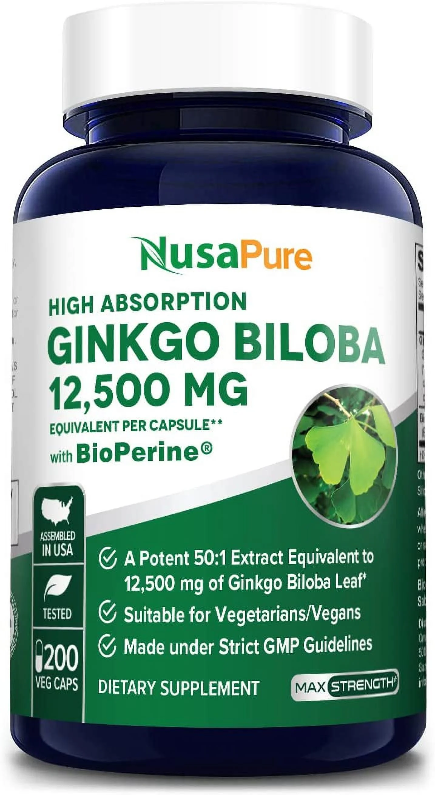 NusaPure Ginkgo Biloba Extract: 12,500mg/Veggie Caps x 200 (Vegetarian, Non-GMO, Gluten-Free & 50:1 Extract) with Bioperine, Dietary Supplement for Unisex Adult Health & Wellness