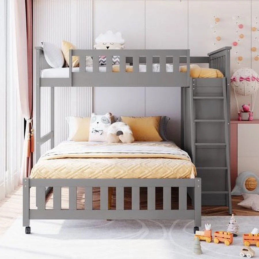 CHURANTY Twin Over Full Wooden Bunk Bed with 6 Storage Drawers and 3 Flexible Shelves, Twin Loft Bed with Movable Lower Bed, for Kids Teens Adults, Gray