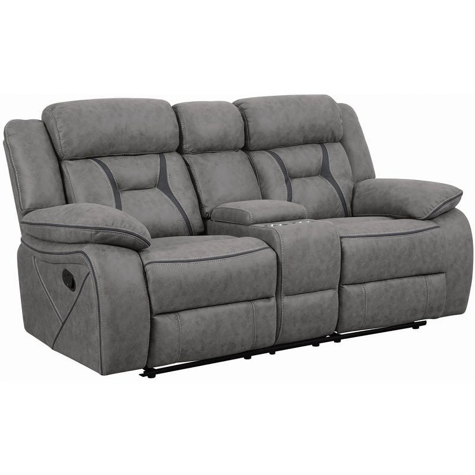 Pemberly Row Faux Leather Pillow Top Arm Motion Loveseat with Console in Gray