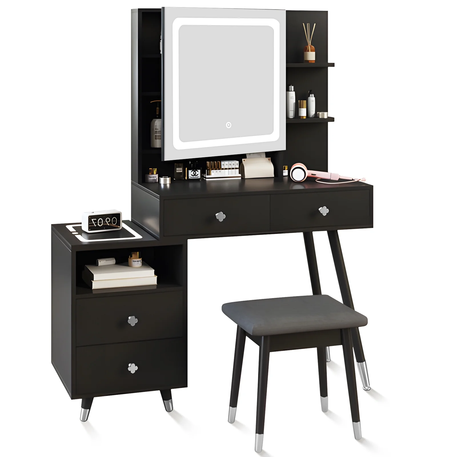 SYTHERS Dressing Table with LED Lighted Mirror, Makeup Desk Vanity Set with Charging Station, 4 Drawers, 2-Layer Shelf, Mirror Cabinet, 3 Color Lighted Mirror, Cushioned Stool, Black