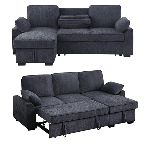 Convertible L Shaped Sleeper Sectional Sofa Pull Out Couch Bed , 86 INCH Chenille Upholstered Corner Sofabed 2 in 1 Pullout Sectional Couches w/ Pillow Armrest , Storage Chaise for Living Room Office