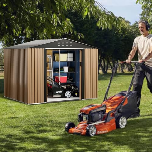 8FT x 6FT Sheds & Outdoor Storage, Metal Garden Shed, Outdoor Storage Shed, Metal Utility Tool Storage Shed with Door Lock, Waterproof Roofs, for Backyard Garden Patio Lawn, Brown
