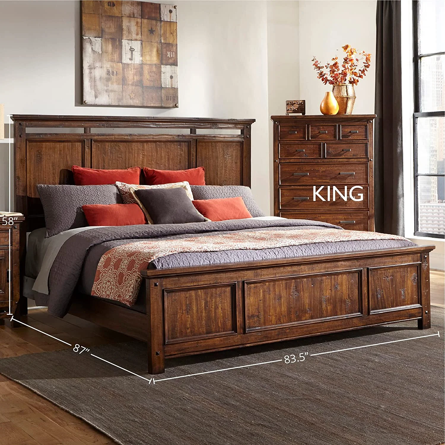 Minority Wolf Creek Panel Bed with Headboard and Footboard  Rustic Vintage Acacia  King Platform  Brown