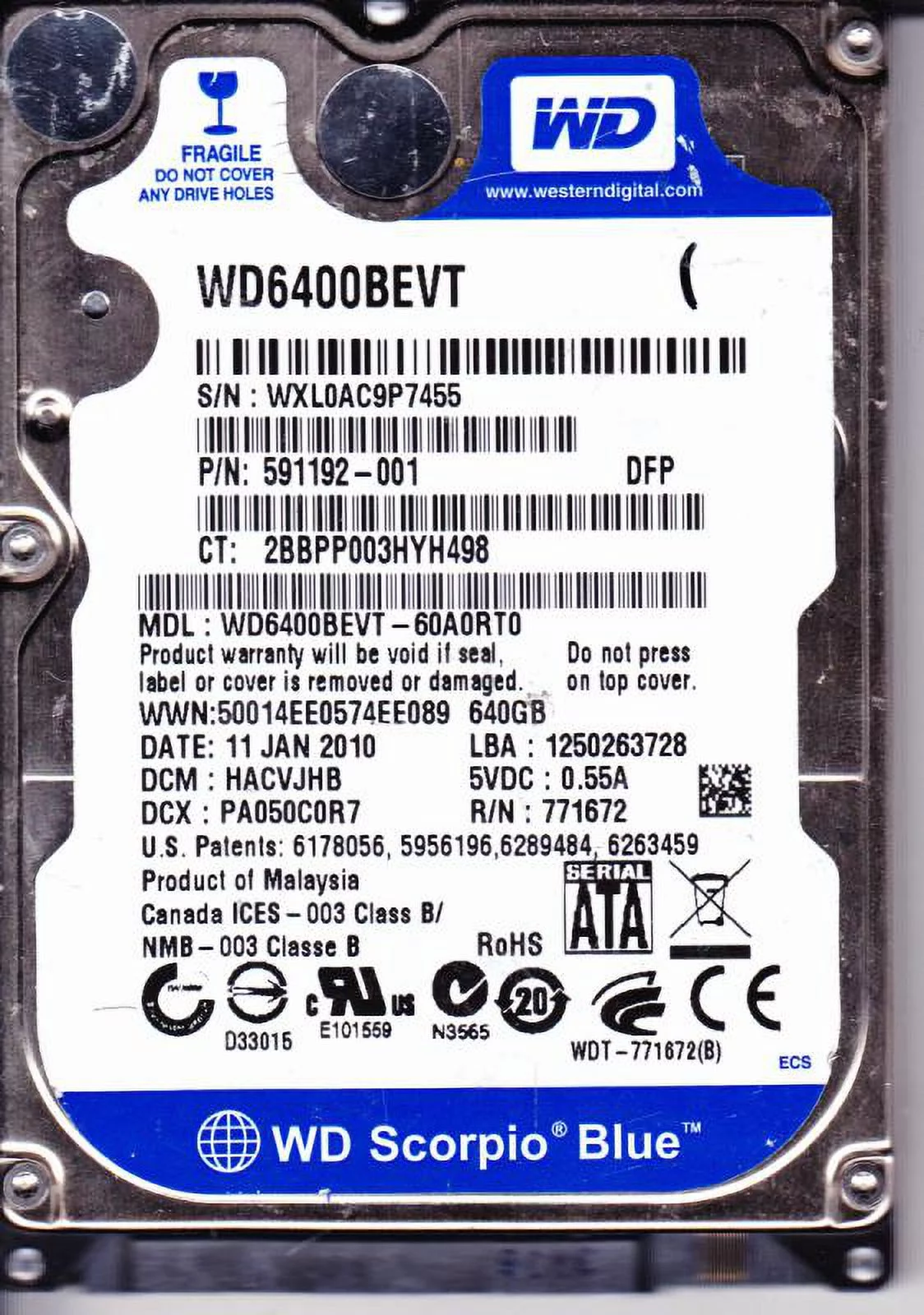 WD6400BEVT-60A0RT0, DCM HACVJHB, Western Digital 640GB SATA 2.5 Hard Drive