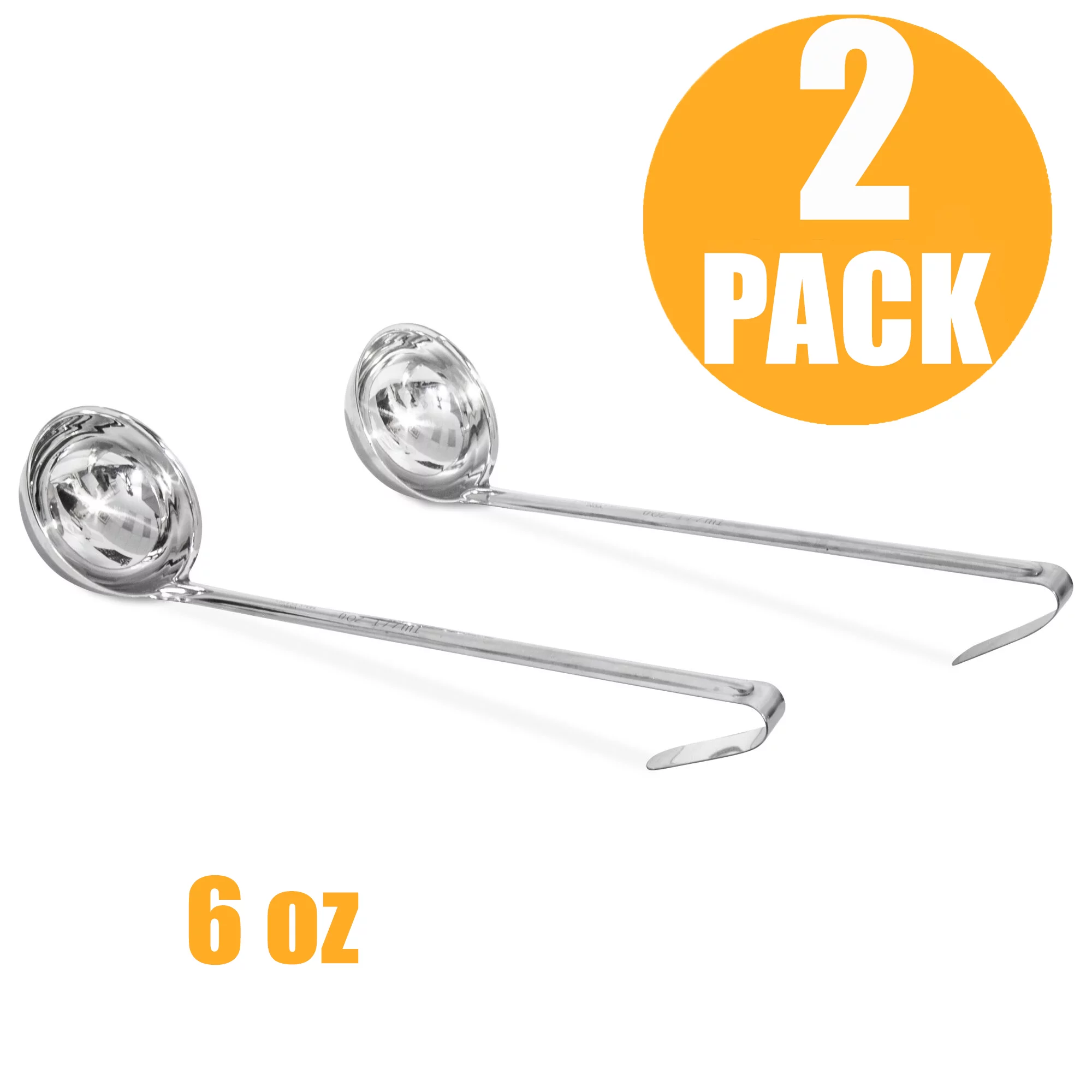 [2 Pack] 6 Oz Stainless Steel Soup Ladle - One-Piece Sauce Spatula with Hook Handles, Commercial Grade Serving Spoon, Kitchen Tool for Restaurant or Home Cooking, Mirror Finish, 14.25