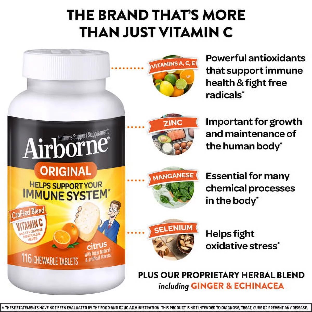 Airborne Citrus Chewable Tablets 1000mg of Vitamin C - Immune Support Supplement 11 116 Each - (Pack of 2)