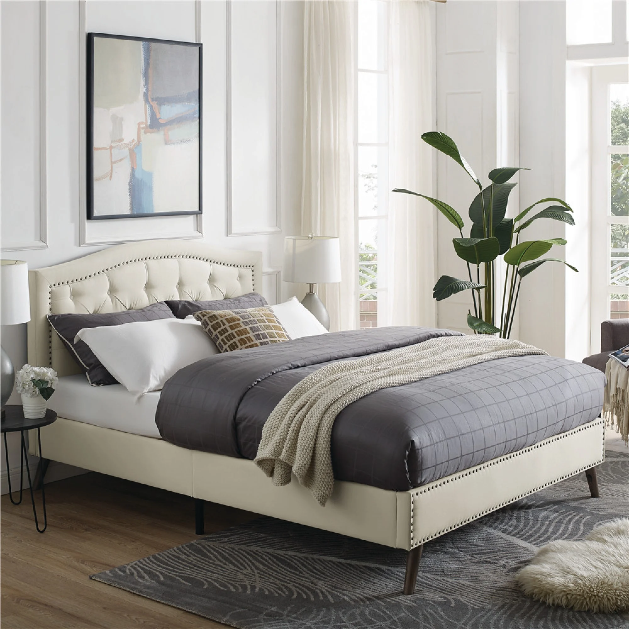 Modern Sleep Arlesa Upholstered Platform Bed Frame, Full, Shell