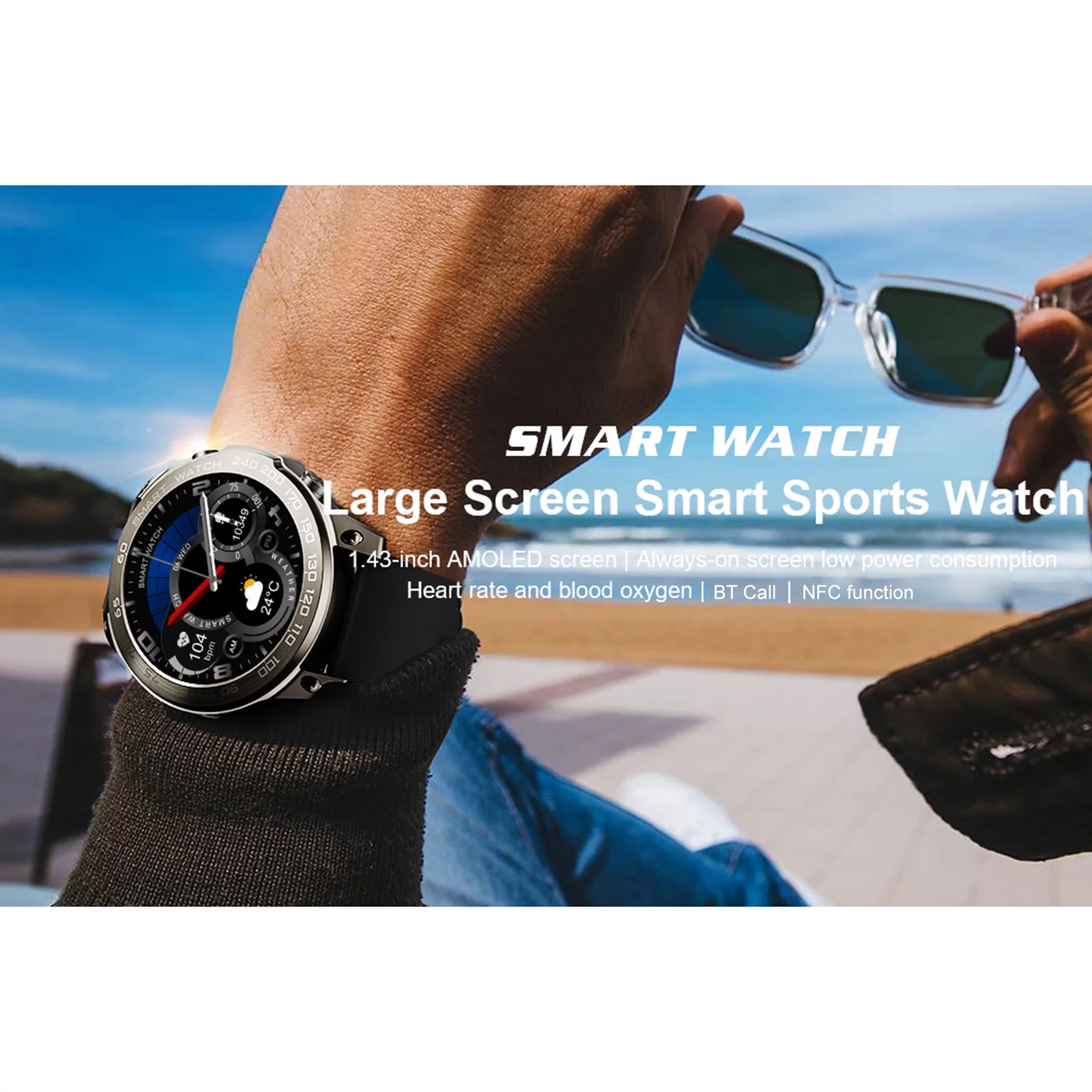 DM50 Smart Sports Watch 1.43-Inch AMOLED FullTouch Screen Fitness IP68 Waterproof BT Calling Sleep/Heart Rate/ Multiple Sports Mode Notification/Call/Sedentary Reminder Remote Camera Compa