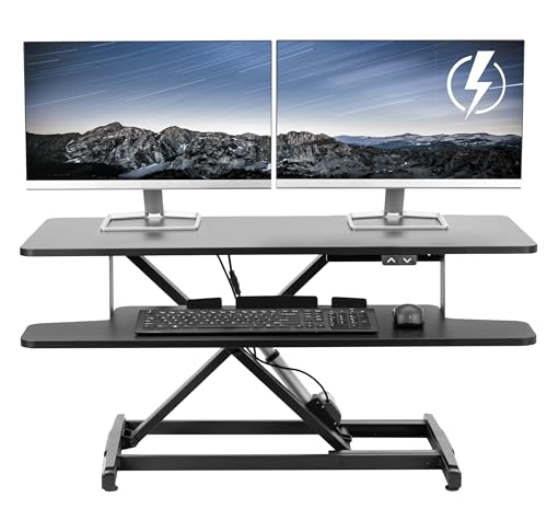 VIVO 42 inch Electric Motor Desk Converter, Height Adjustable Riser, Sit to Stand Dual Monitor and Laptop Workstation with Wide Keyboard Tray, Black, DESK-VE42B