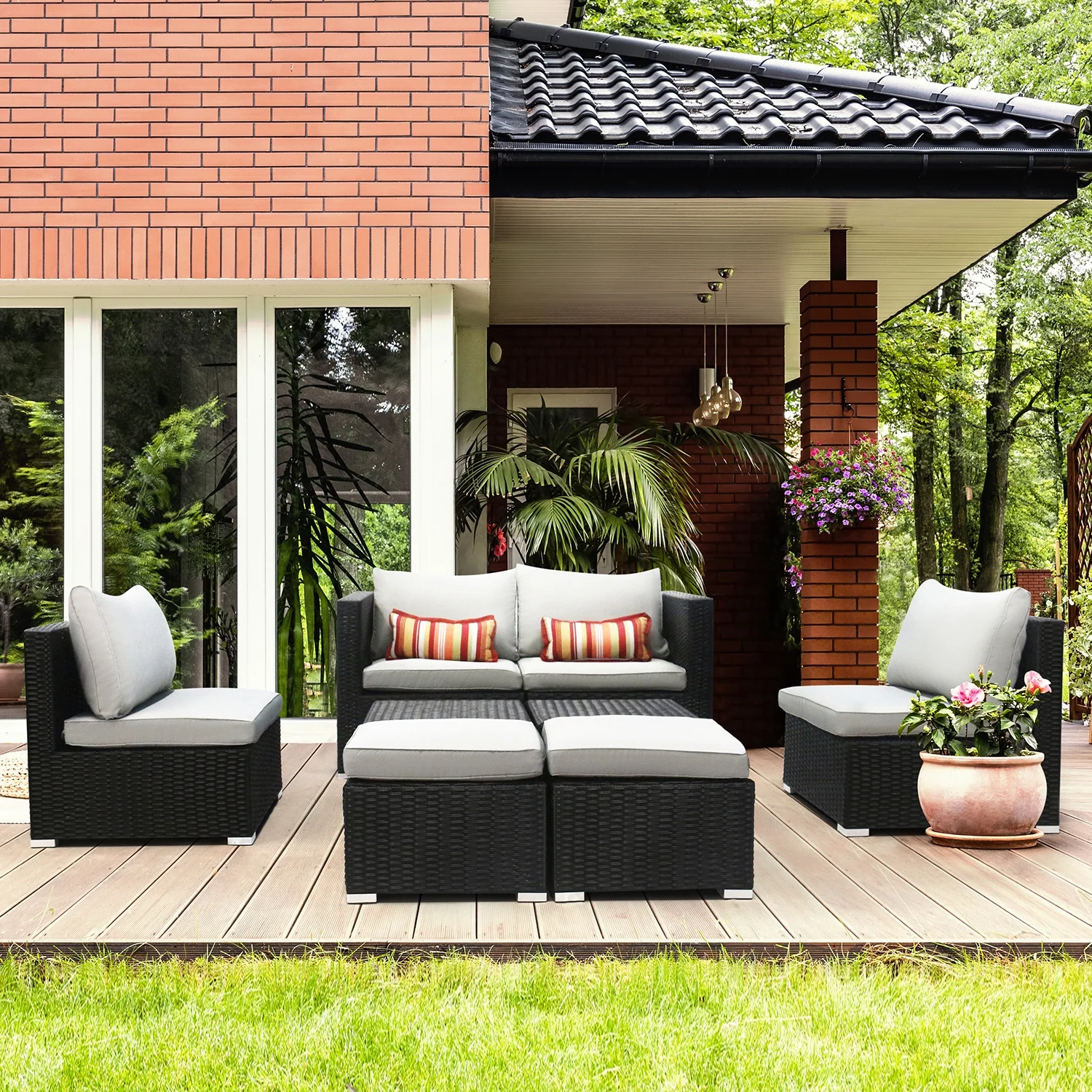 8 PCS Fully Assembled Patio Furniture Sets Outdoor Sectional Sofa Furniture Outside Couch Conversation Sets Space Saving Deep Seating with Back Cushion Ottoman Coffee Table Black-W/Cover