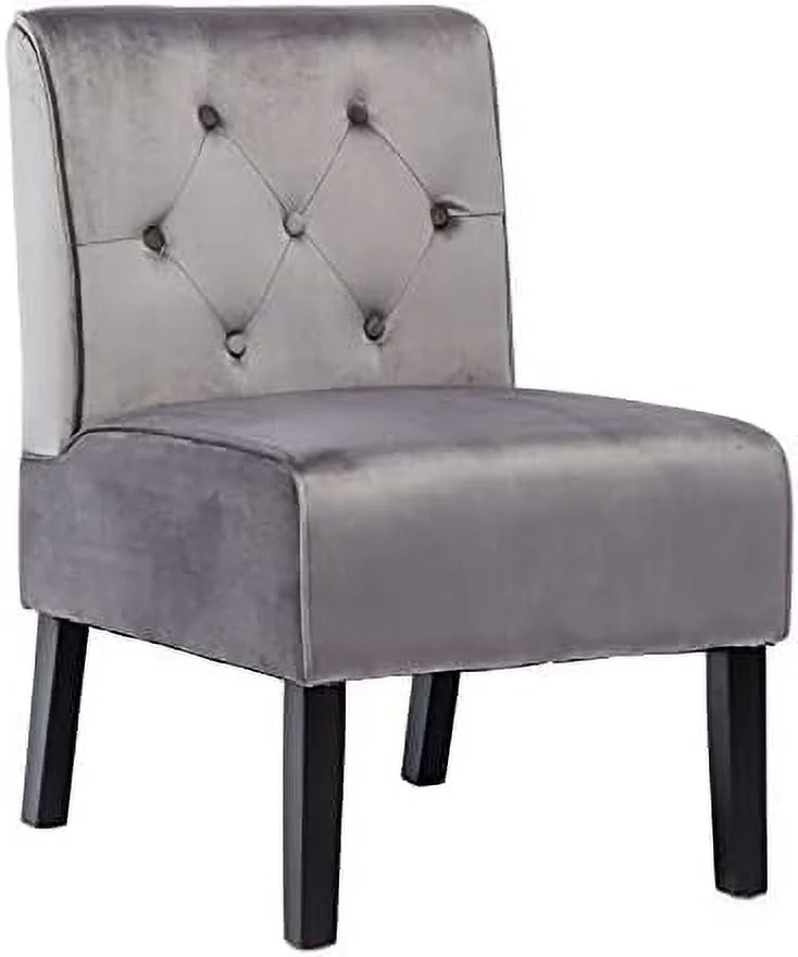 TJUNBOLIFE Velvet Fabric Accent Chair Armless Leisure Side Chair Cute Decorative Slipper Chair Small Tufted Single Sofa Chair for Living Room Bedroom Office Reading Room Nook (Grey)