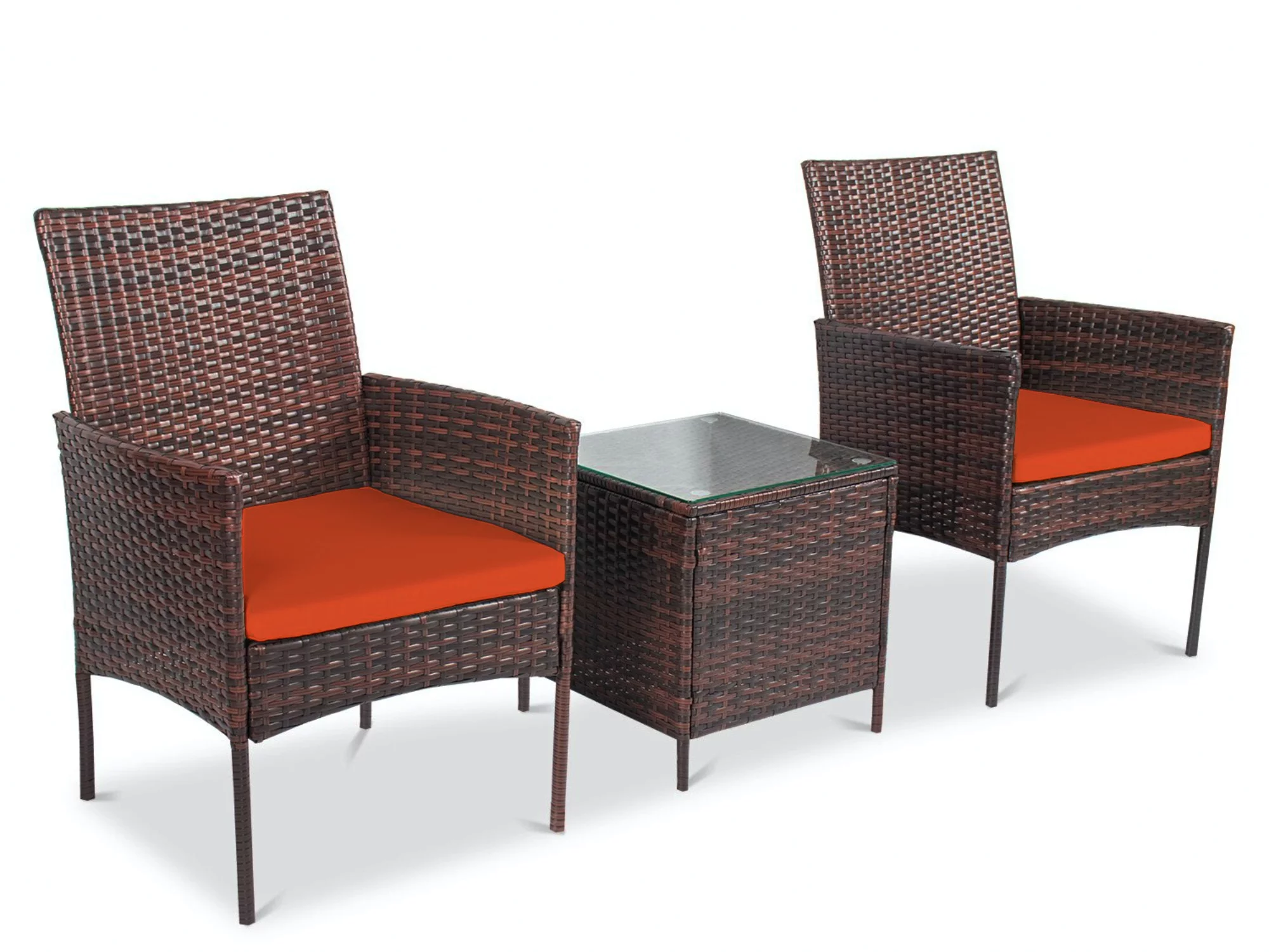 Eval 3 Piece Modern Design Rattan Furniture Set - 2 Durable & Cozy Chairs With a Foldable Coffee Table - Orange