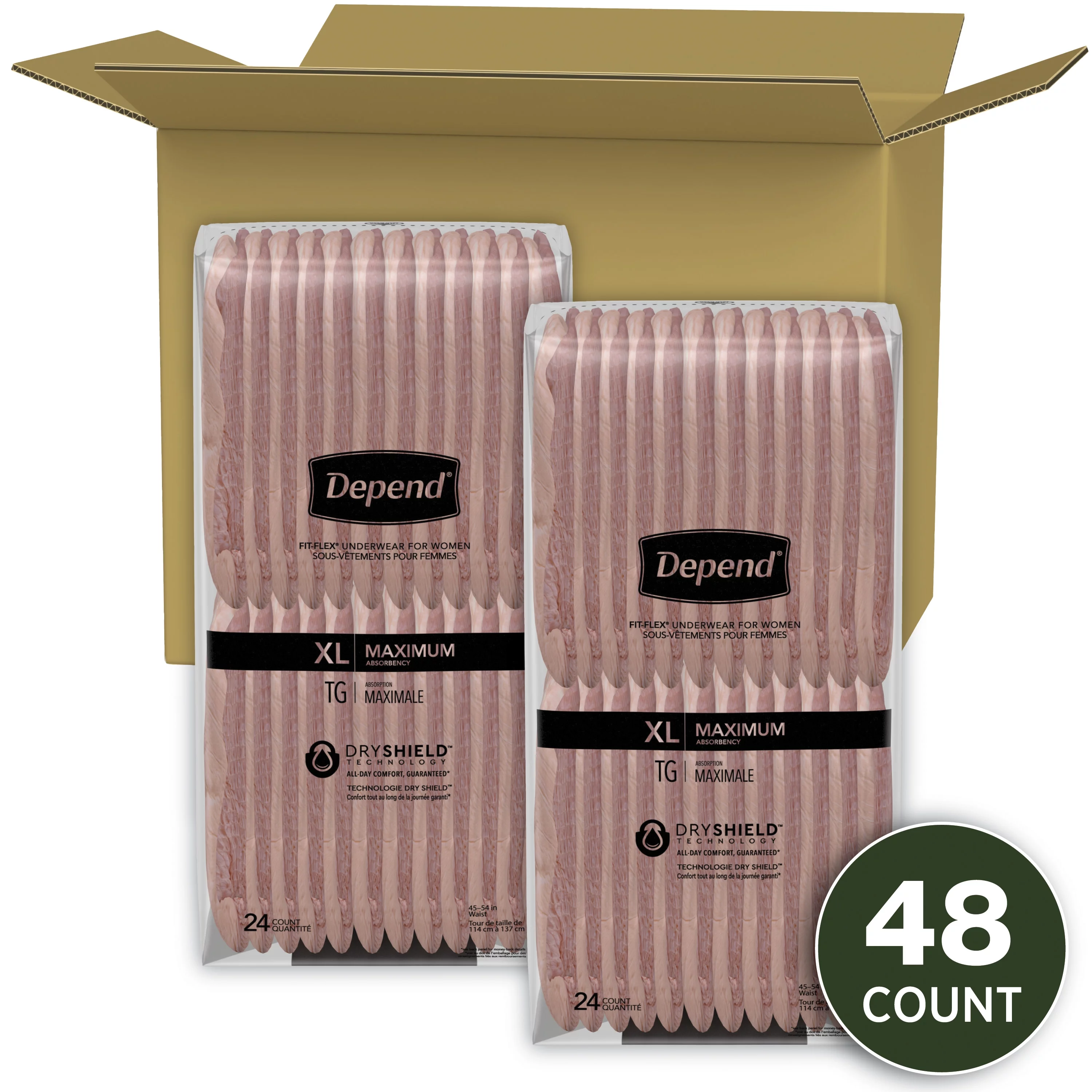 Depend Fit-Flex Women's Maximum Incontinence Underwear, XL, Light Pink, 48 Count