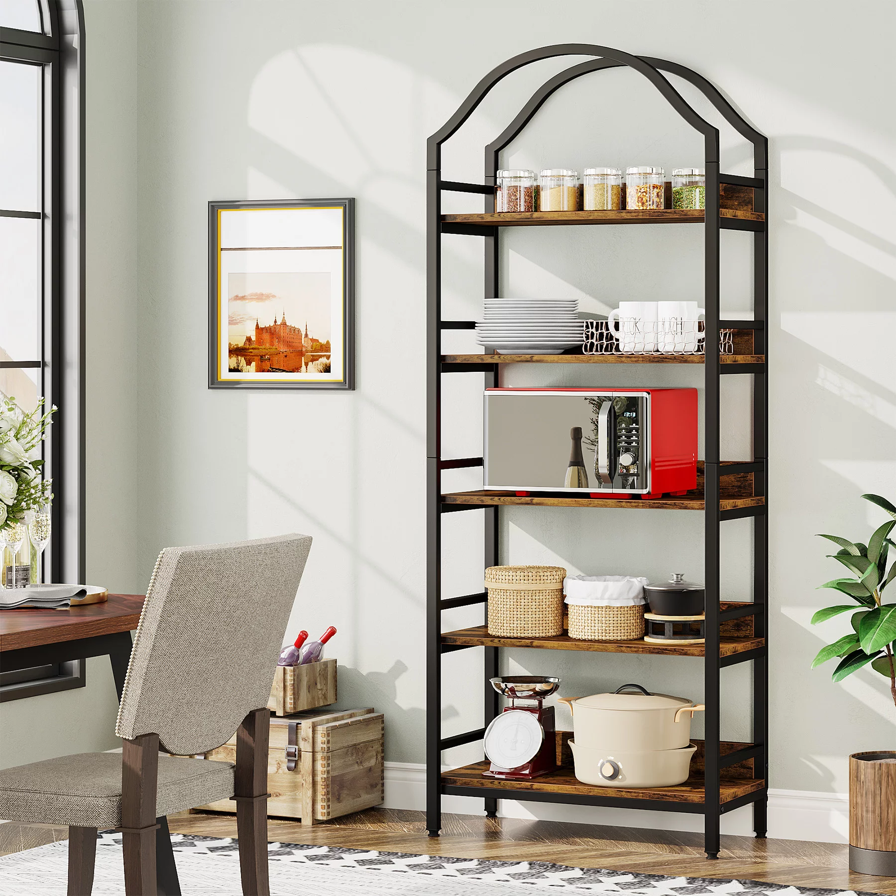 Tribesigns 5-tier Tall Bookshelf, 73 Inches Industrial Arched Etagere Bookcase Book Shelves Tower with 4 Hooks for Home Office