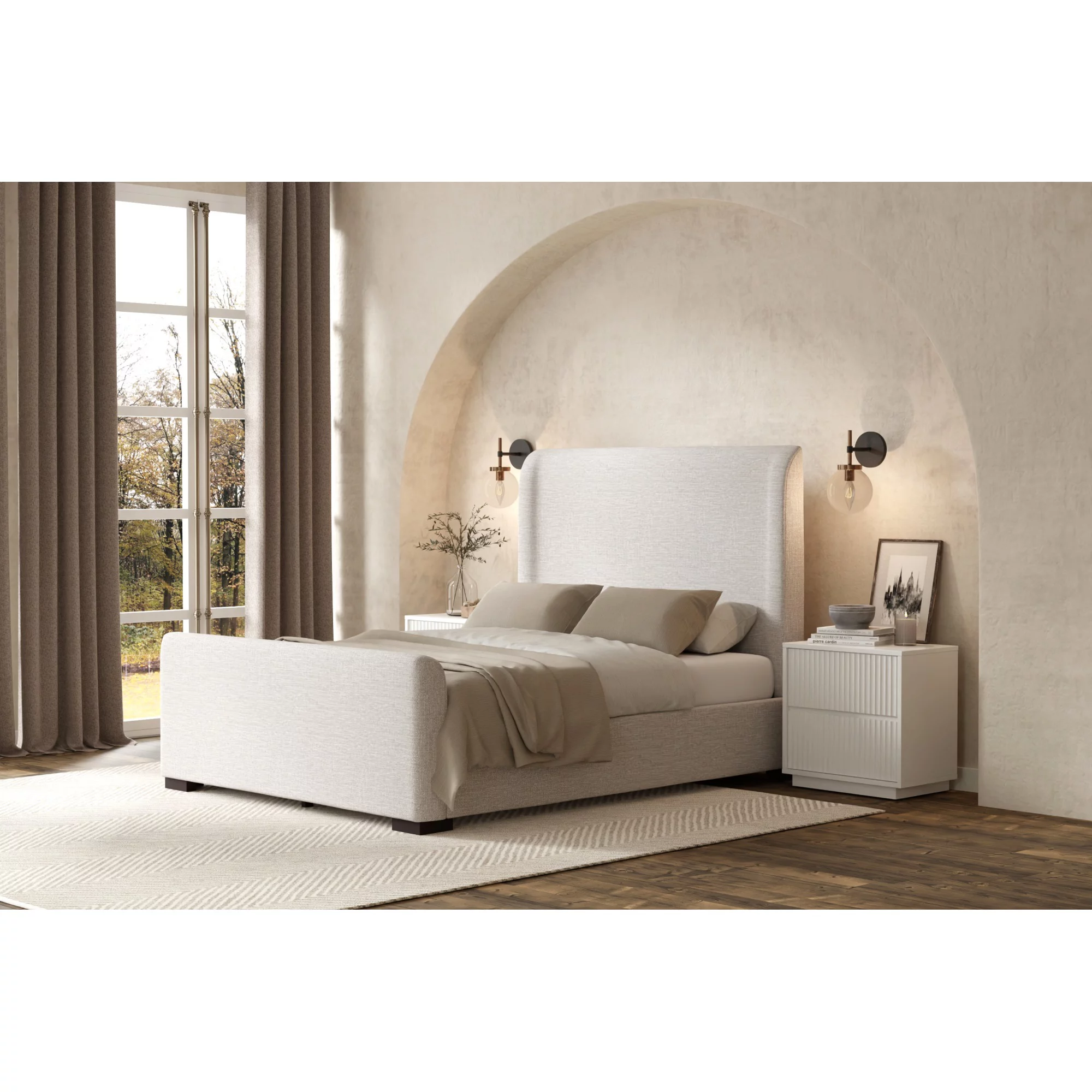 Alpine Furniture Adele Upholstered Queen Platform Bed in Beige