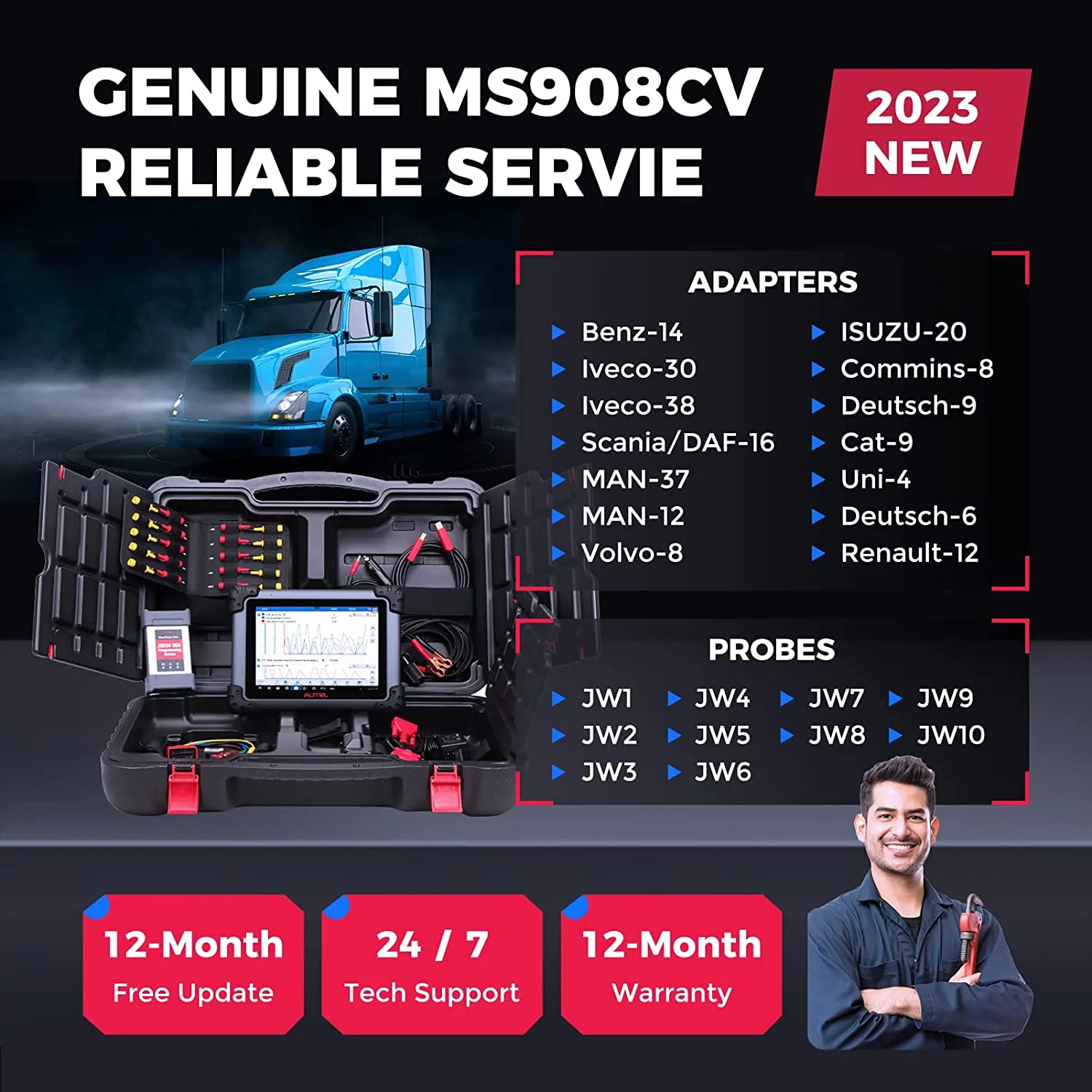 Autel Maxisys MS908CV Heavy Duty Car Diagnostic Scan Tool with J-2534 ECU Programming, Coding, Active Test 25 Services, 23 Adaption Functions