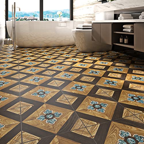 FunStick Vinyl Flooring Peel and Stick Floor Tile Vintage Sevilla 12x12 in 15 Pack Brown Wood Sticky Floor Tiles Peel and Stick Waterproof Stick on Laminate Flooring for Bathroom Kitchen Camper Walls
