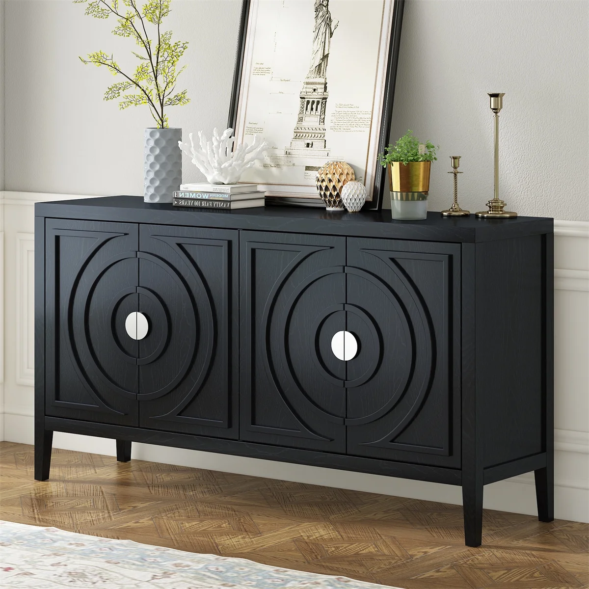 Groove Sideboard Buffet Cabinet Mid-Century Modern Sideboard Storage Cabinet for Living Room, Black