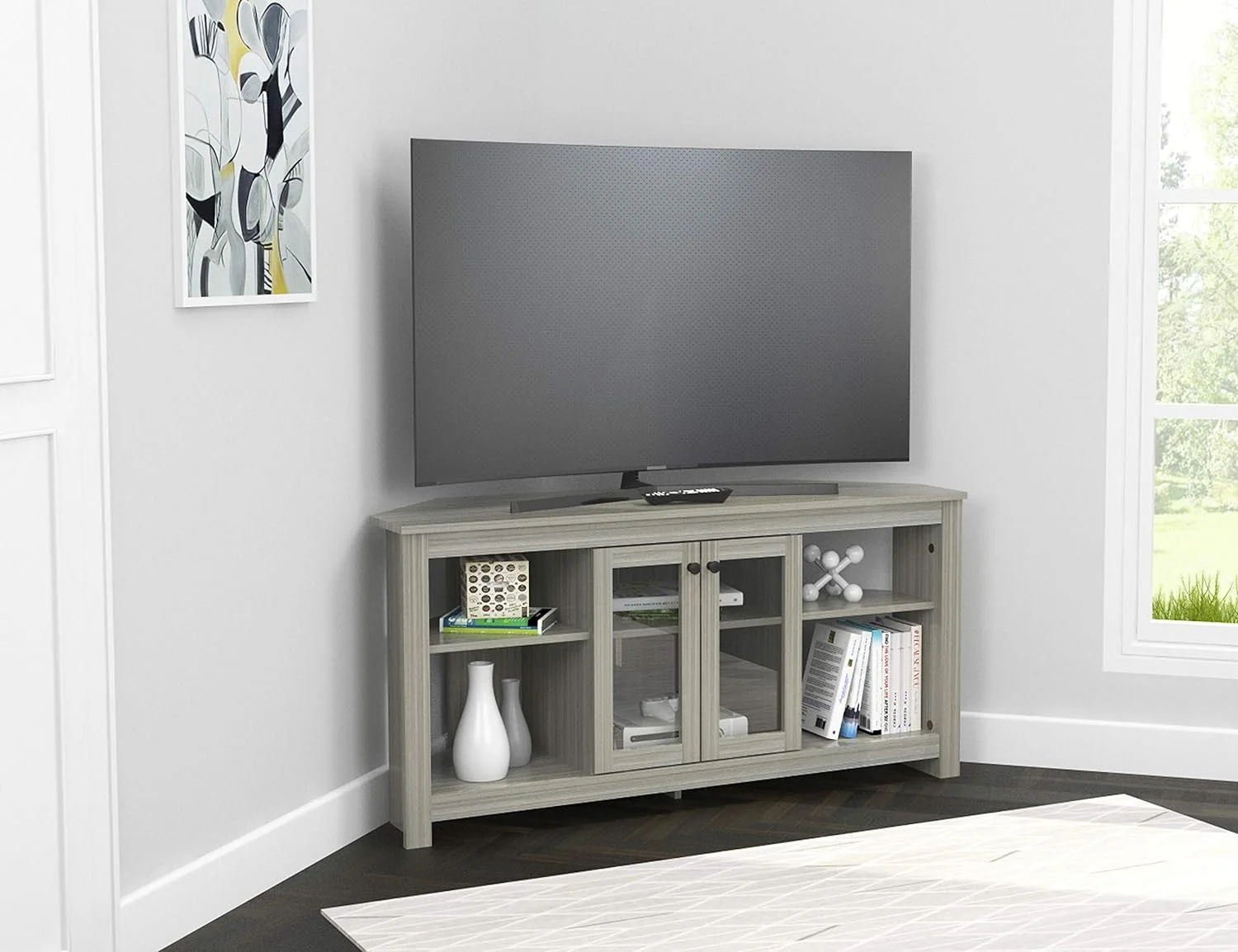 Corner TV Stand With Glass Doors, Oak