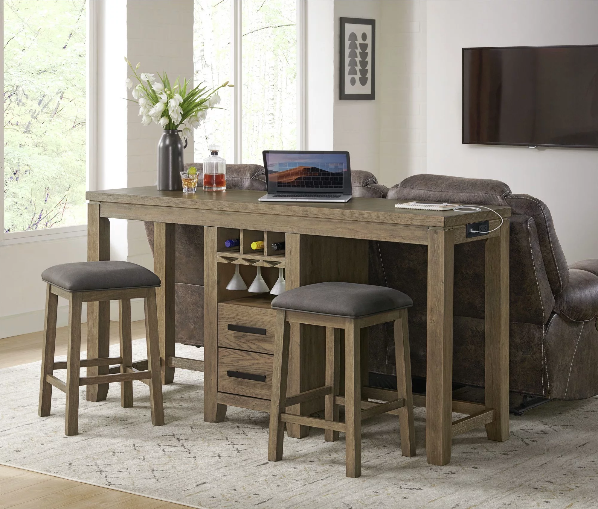 Saunders 3PC Sofa Console Bar Table Set USB/Wine Rack 2 Stools Brown Acacia Wood