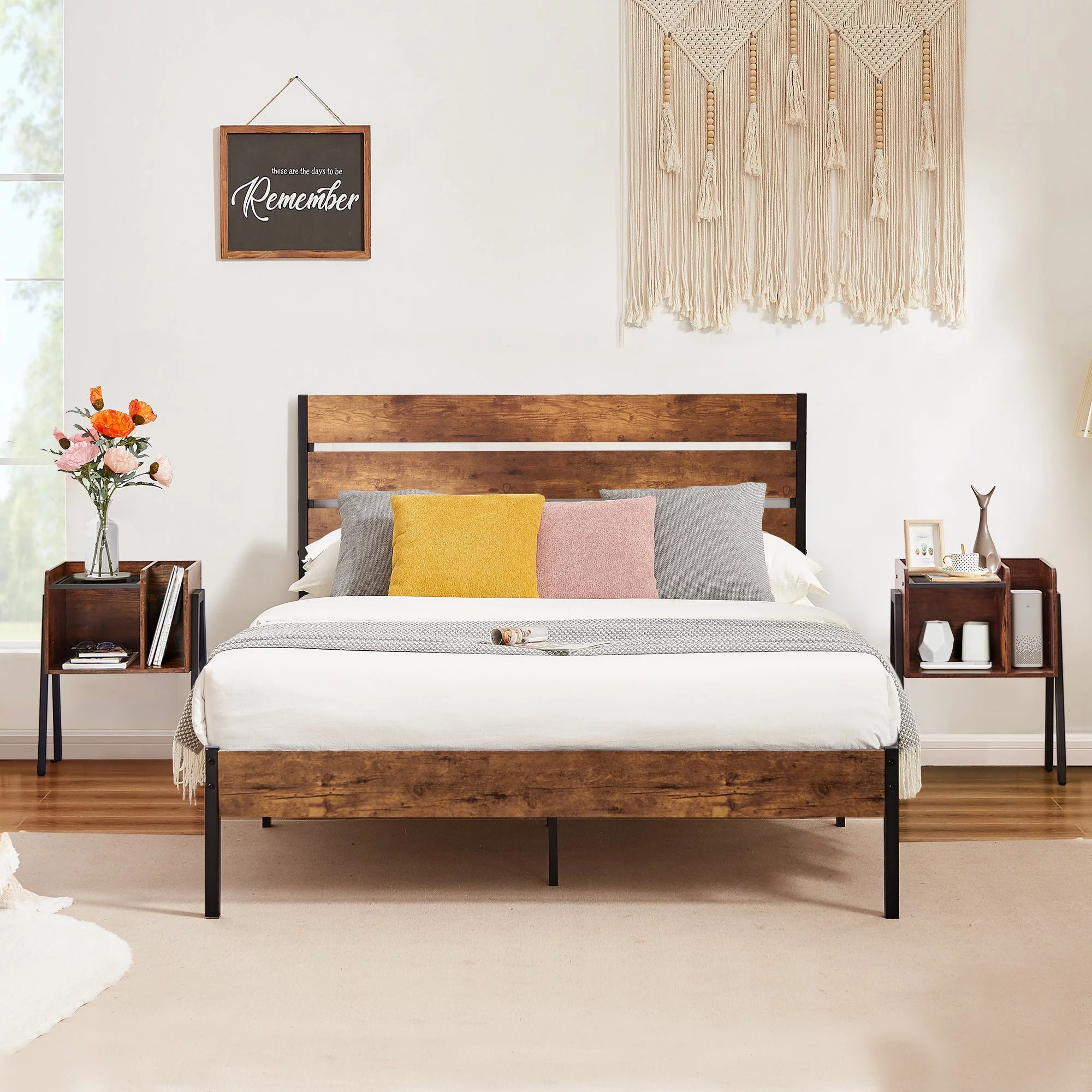 VECELO 3-Piece Bedroom Set with 2 Nightstands, Full Size Metal Bed Frame with Wooden Headboard, Brown