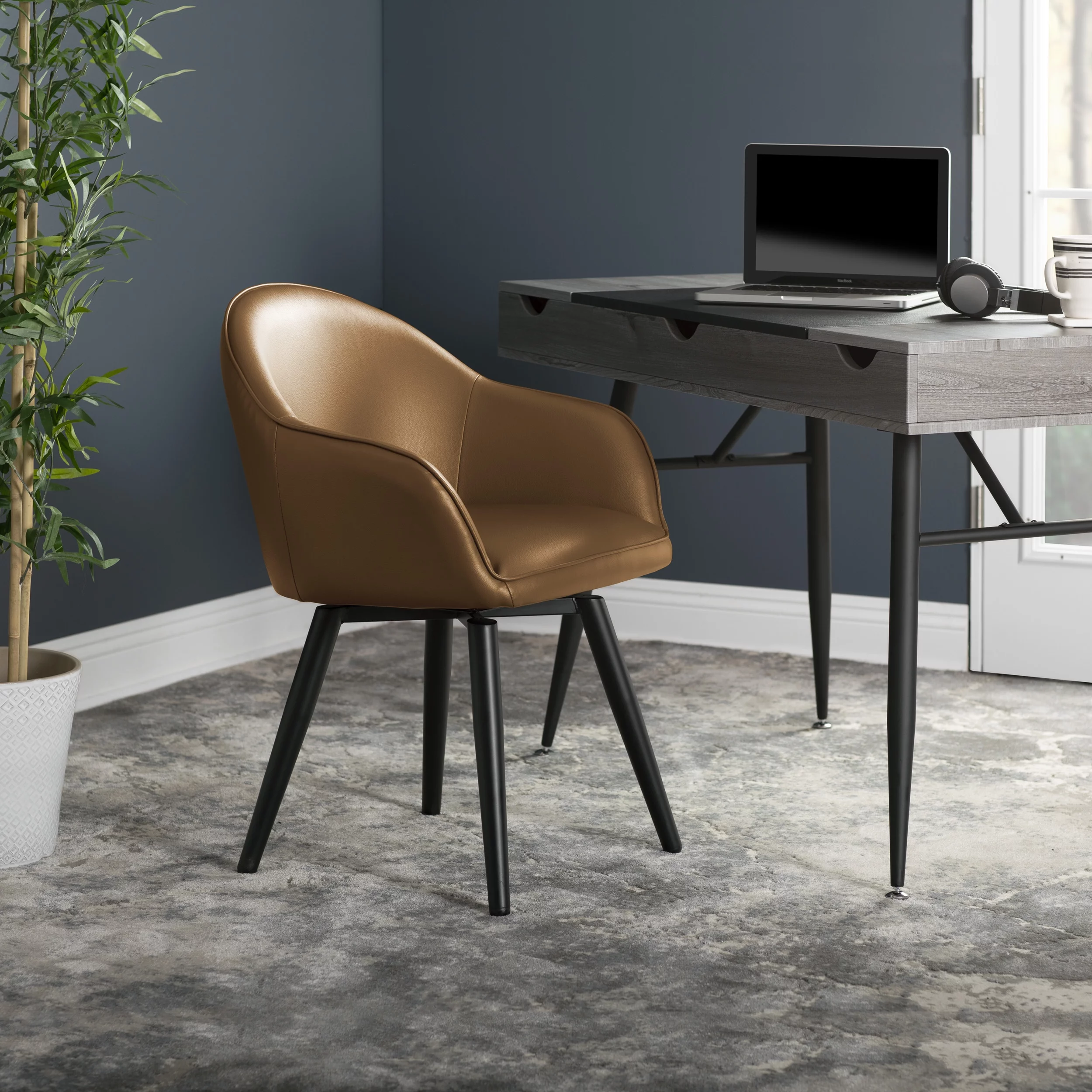 Studio Designs Home Dome Swivel Dining / Office Chair with Arms Caramel Brown Blended Leahter with Metal Legs