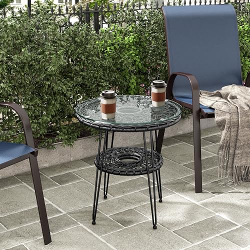 Muse & Lounge Co. Ysar Boho Rattan Round Coffee Table Outdoor with 5mm Tempered Glass Top, All-Weather and Rust Resistant Patio Furniture