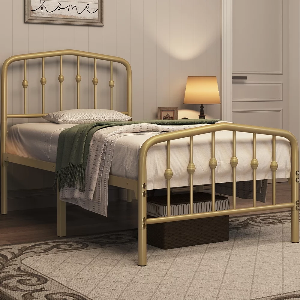 Topeakmart Twin Size Modern Metal Bed with Arched Headboard and Footboard, Antique Gold