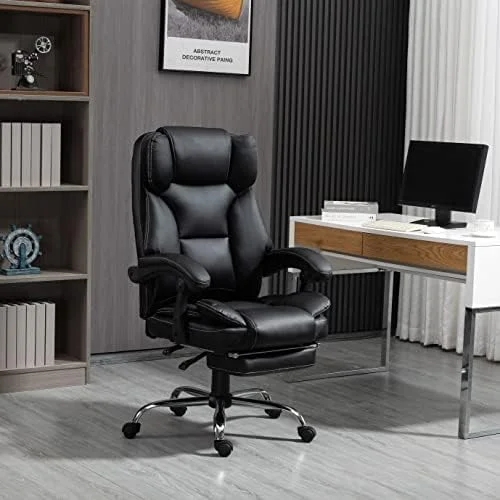 KHBIULIFE Reclining Office Chair with Footrest-Executive Computer Desk Chairs with Adjustable High Back Recliner Chair  Thick Padded Strong Metal Base Quiet Wheels  PU Leather  Black