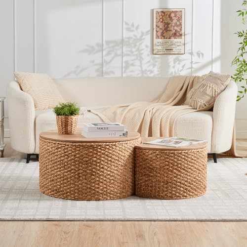 Round Nesting Coffee Table Set of 2 with Storage - Handwoven Wicker Rattan Ottoman Style, Boho Coastal Coffee Tables for Living Room, Rattan Coffee Table with Cushion Base & Solid Wood Cover