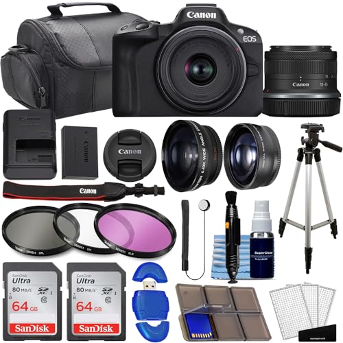 Canon EOS R50 Mirrorless Digital Camera Body Black with Canon RF-S 18-45mm f/4.5-6.3 is STM Lens 3 Lens Kit with 128GB Memory + 3pc Filter Kit + Case + Tripod + More (39pc Bundle) (Renewed)