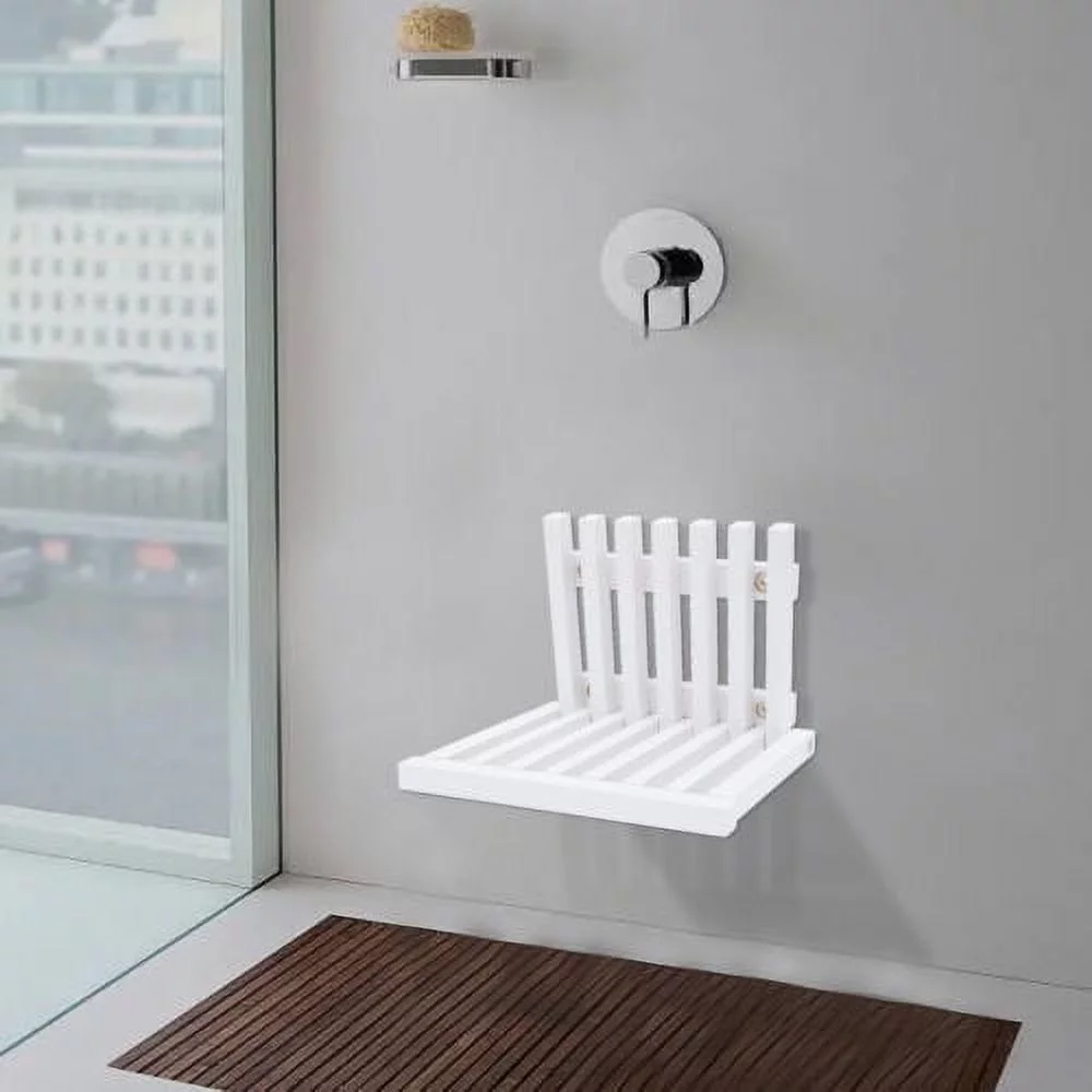 Oukaning Wall Mounted Folding Stool Chair Rubber Wood White Shower Seat Bench Load-bearing Capacity 220LBS 16x13.4in