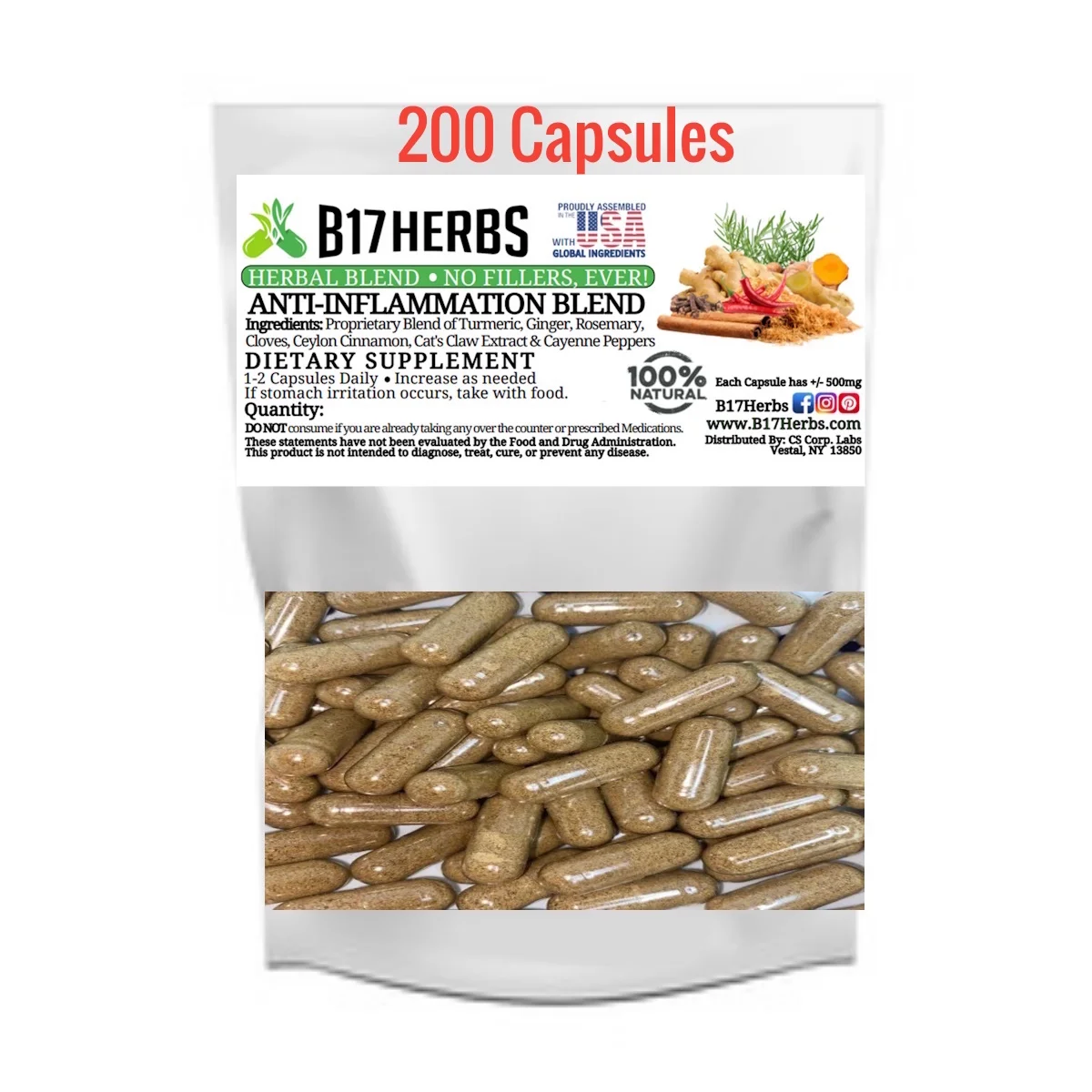 Turmeric Blend w/ Ginger | Cayenne | Clove | Rosemary | Cinnamon  - 200 veggie Caps - B17 Herbs