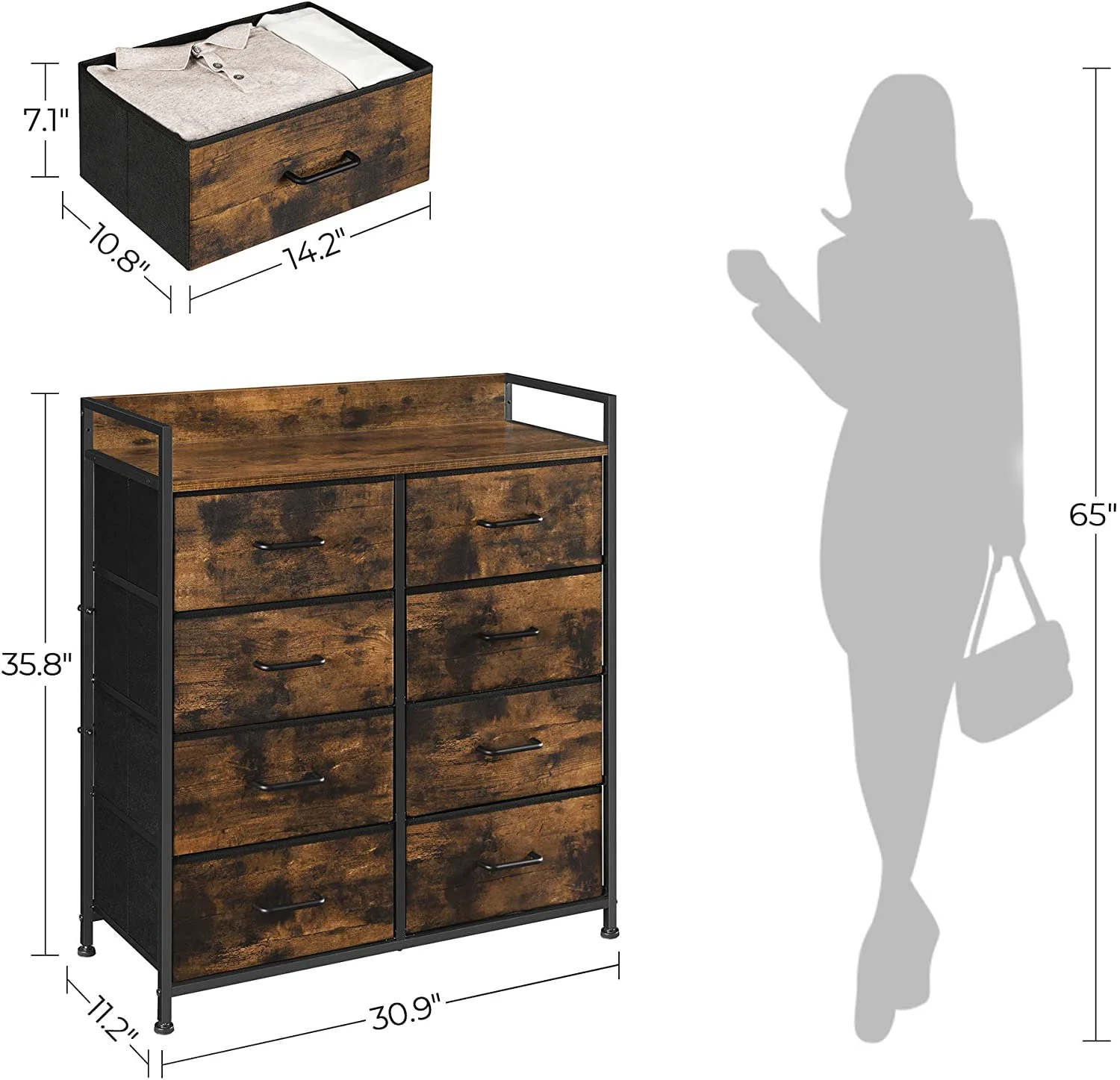Songmics 8 Fabric Storage Drawer Dresser Tower Closet Storage Dresser Chest of Drawers Metal Frame with Handles Rustic Brown and Black