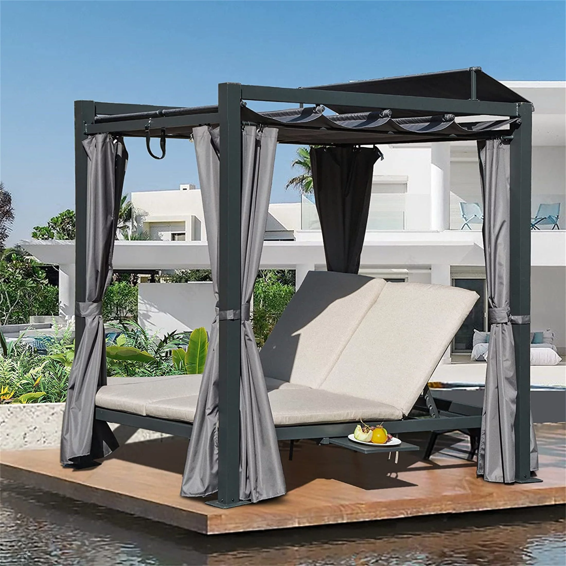 YJTONWIN Outdoor Patio Aluminum Daybed with Double Chaise Lounge