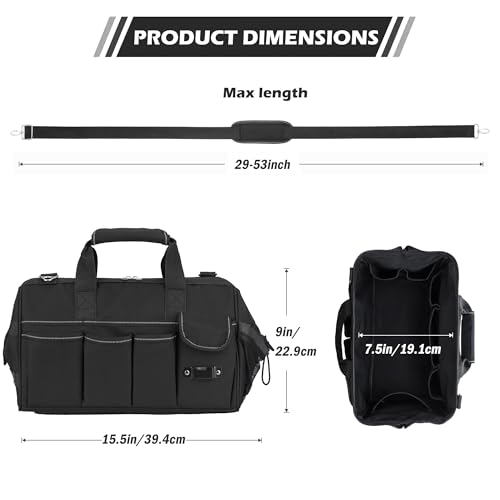 Heavy Duty Tool Bag, 15 Inch Portable Tool Organizer with Adjustable Shoulder Strap, Tactical Tool Tote with Large Zipper Storage