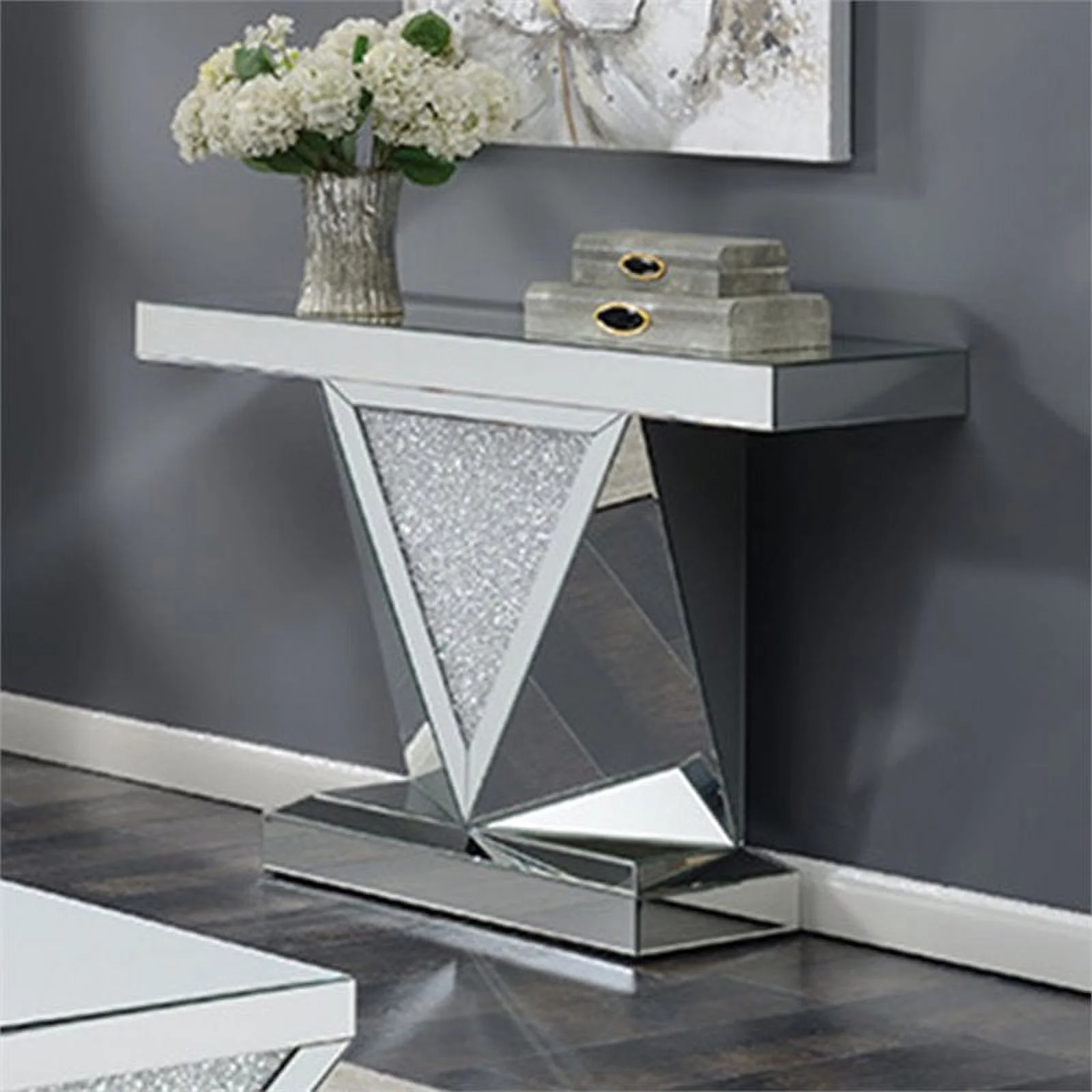 Amore Rectangular Sofa Table with Triangle Detailing Silver and Clear Mirror