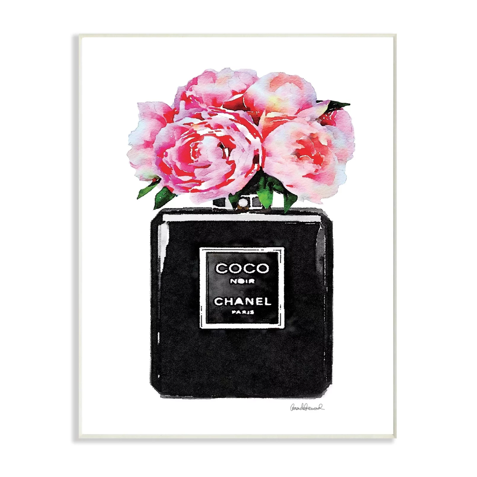 The Stupell Home Decor Collection Glam Perfume Bottle Flower Black Peony Pink Wall Plaque Art