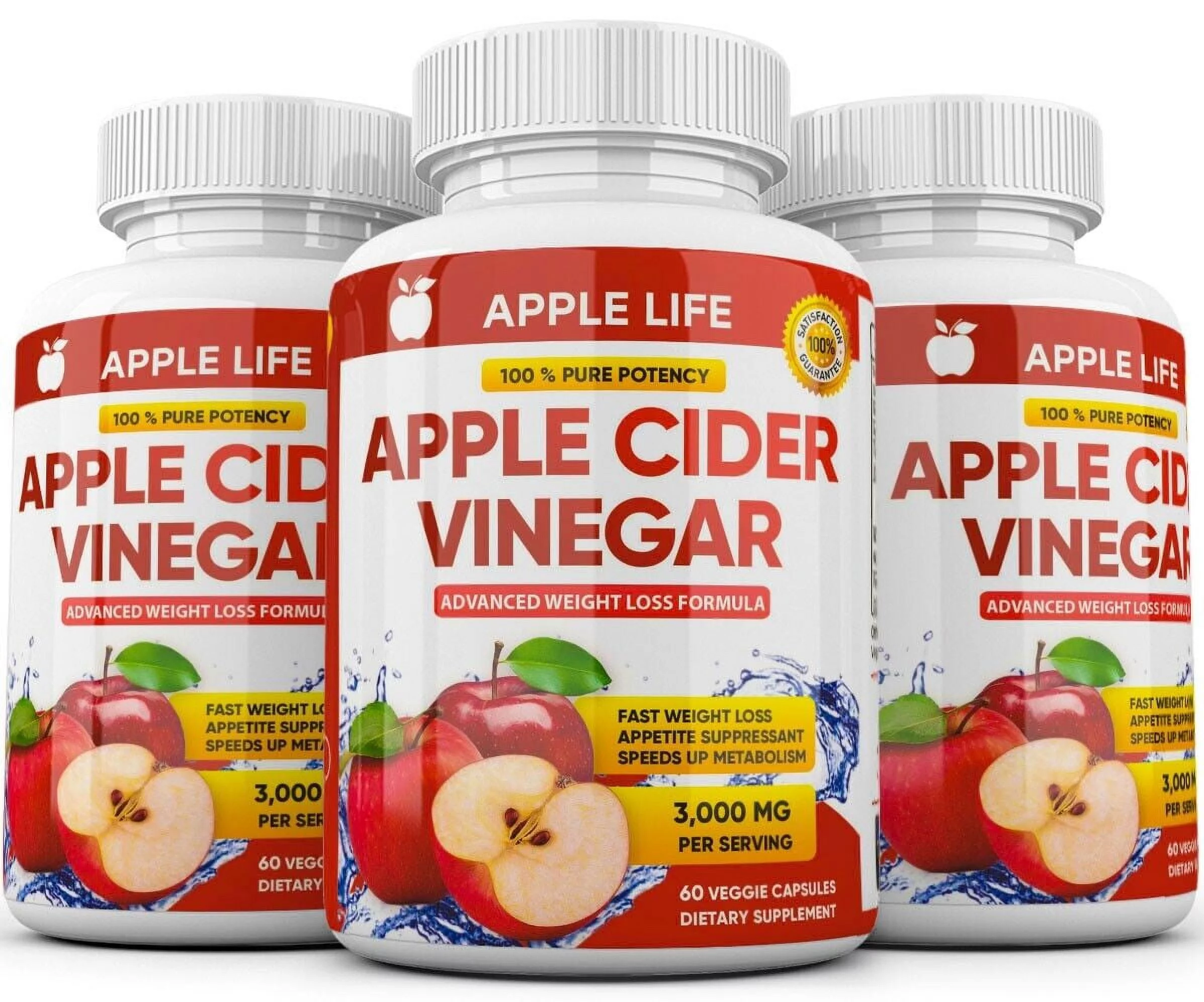 Pure APPLE CIDER VINEGAR ACV 3000mg PURE WEIGHT LOSS FAT BURNER Diet Pills - 60 Capsules (3 Pack)