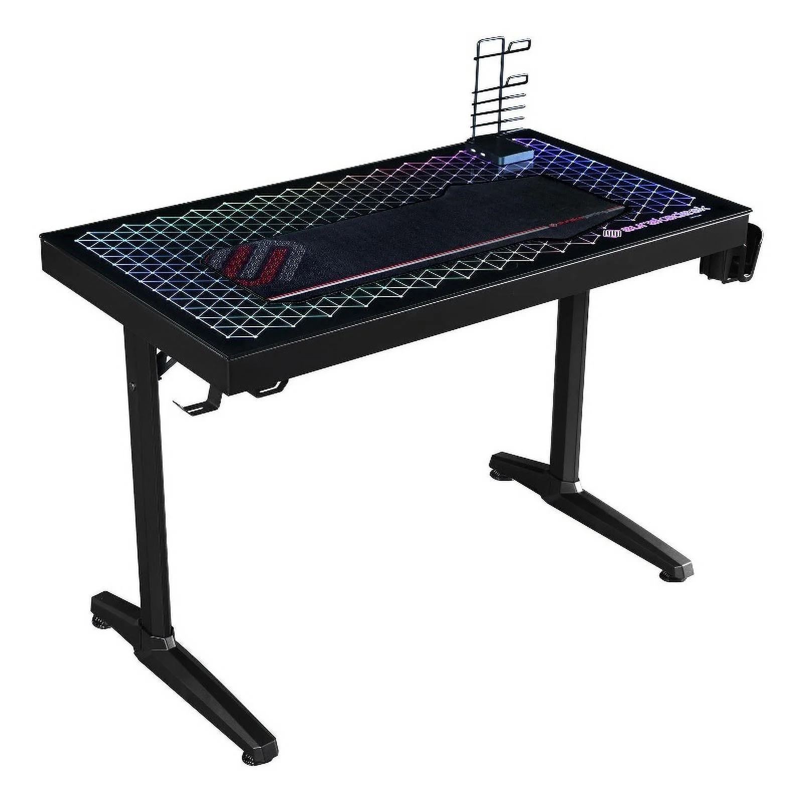 Pemberly Row Modern Metal Gaming Desk with Tempered Glass Top in Black