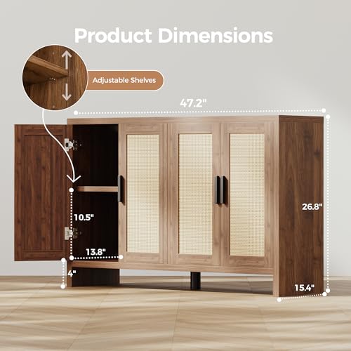 Rattan Buffet Cabinet with Storage, Sideboard Cabinet with Doors and Adjustable Shelves, Farmhouse Coffee Bar Station Table, Modern Wood Cupboard for Kitchen, Livingroom, Walnut