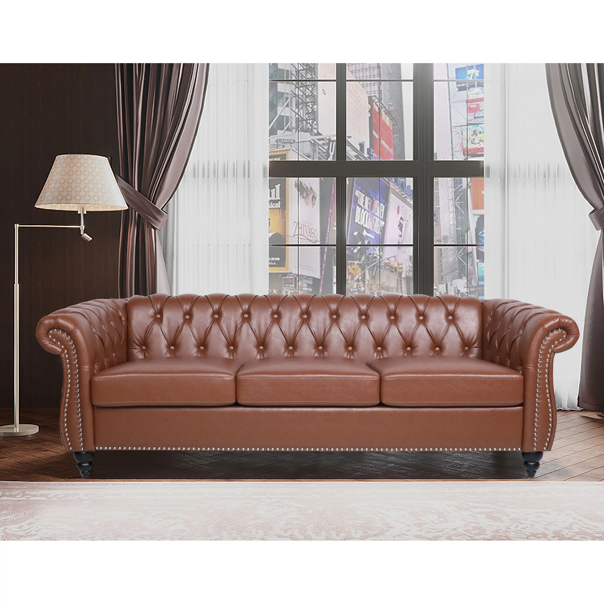 Chairone House 84' Brown Pu Rolled Arm Chesterfield Three Seater Sofa.