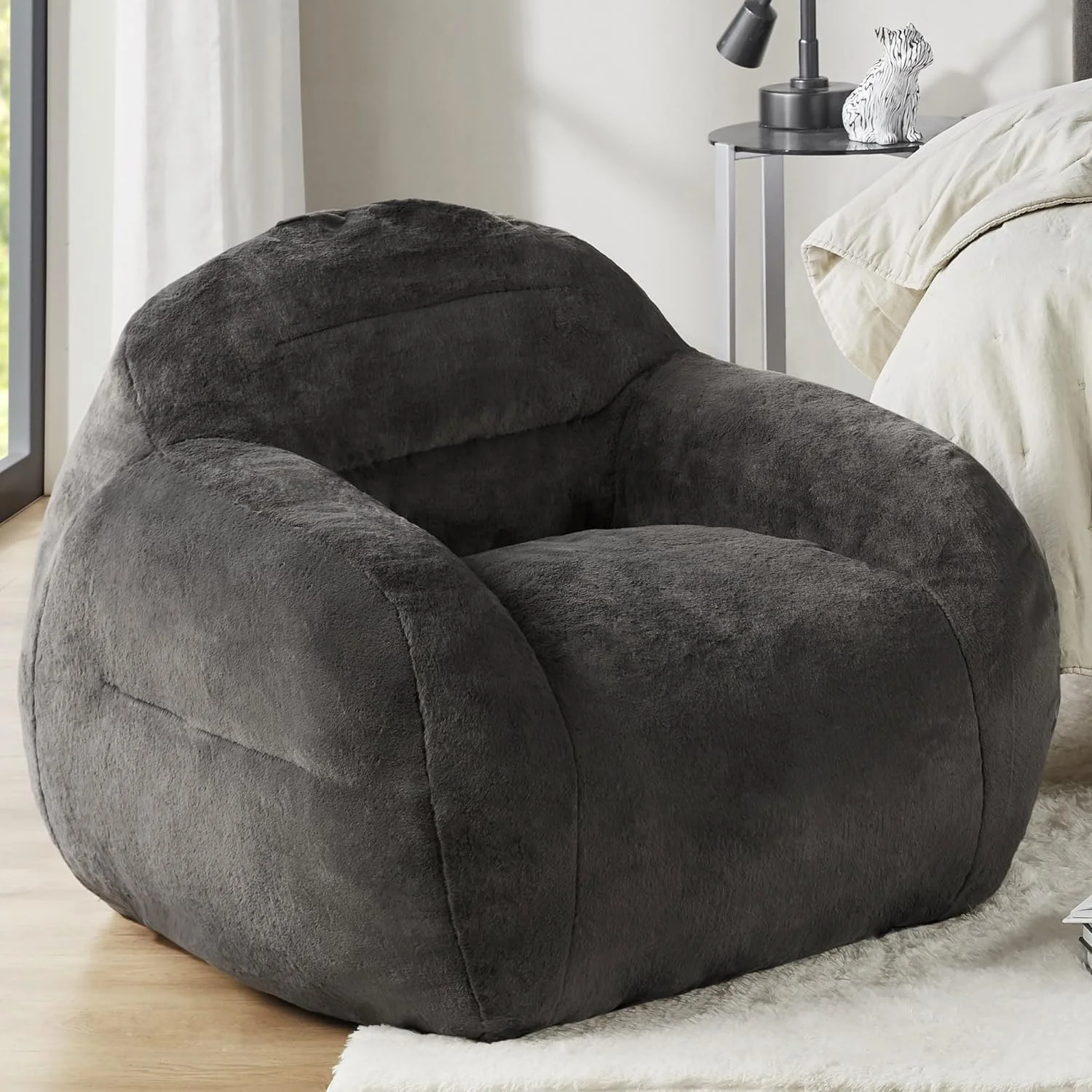 Comfy Bean Bag Chair For Bedroom, Giant Beanbag Sofa - Large And Lazy Lounge Chairs For Adults And Teens - Fluffy Faux Fur Wi Memory Foam Filler Included - Grey